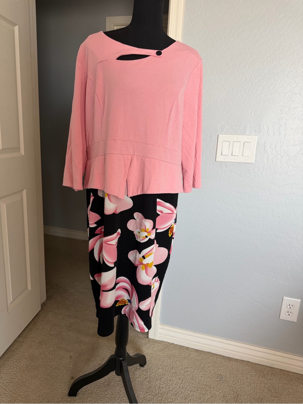 Pink Cutout Neck Peplum Dress with Floral Skirt